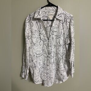 Cynthia Rowley Shirt Womens Size Large White Leaf 100% Linen Blouse Button Front